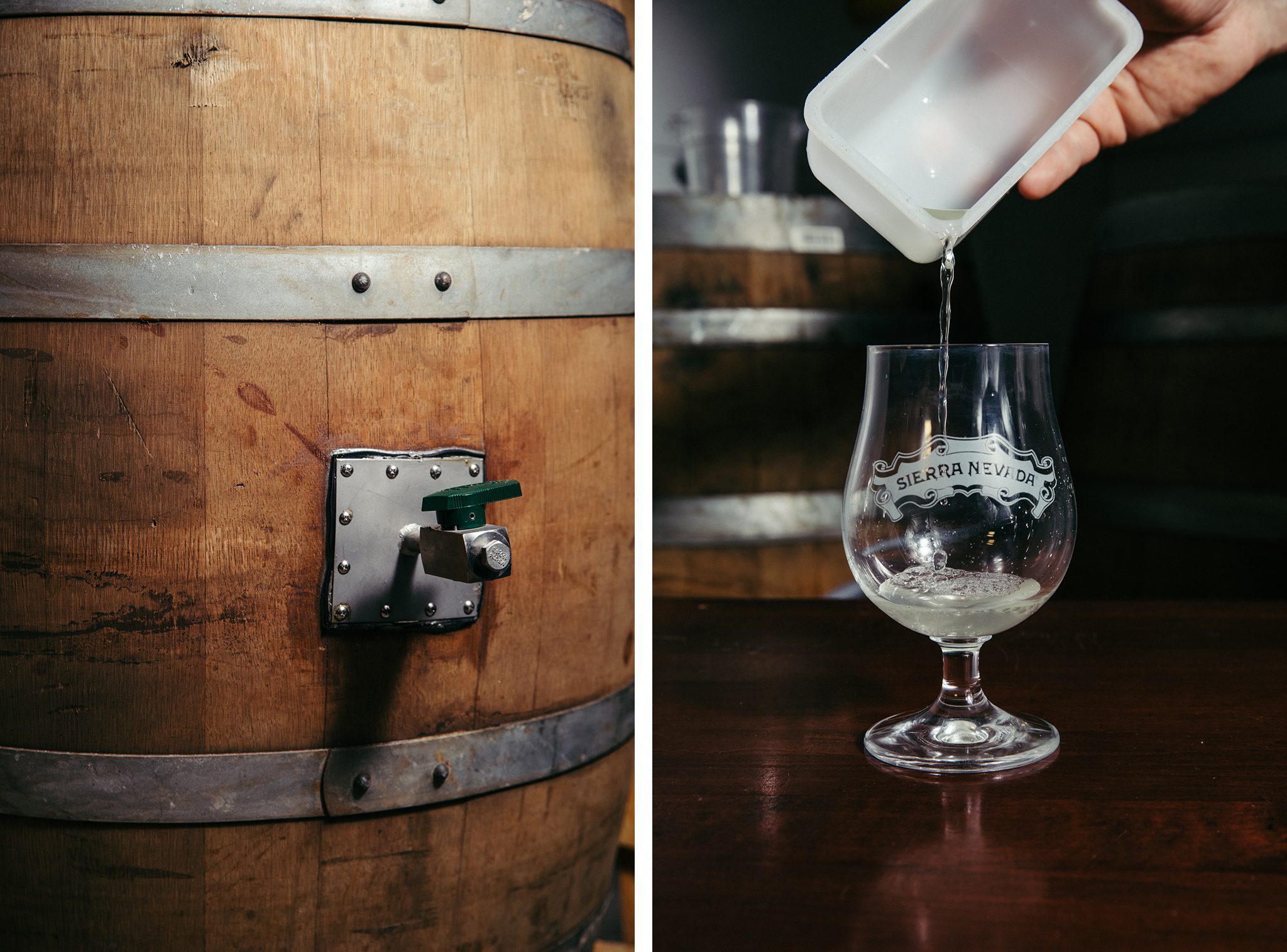 Side-by-side photos of a beer barrel and pouring sauerkraut juice into a glass